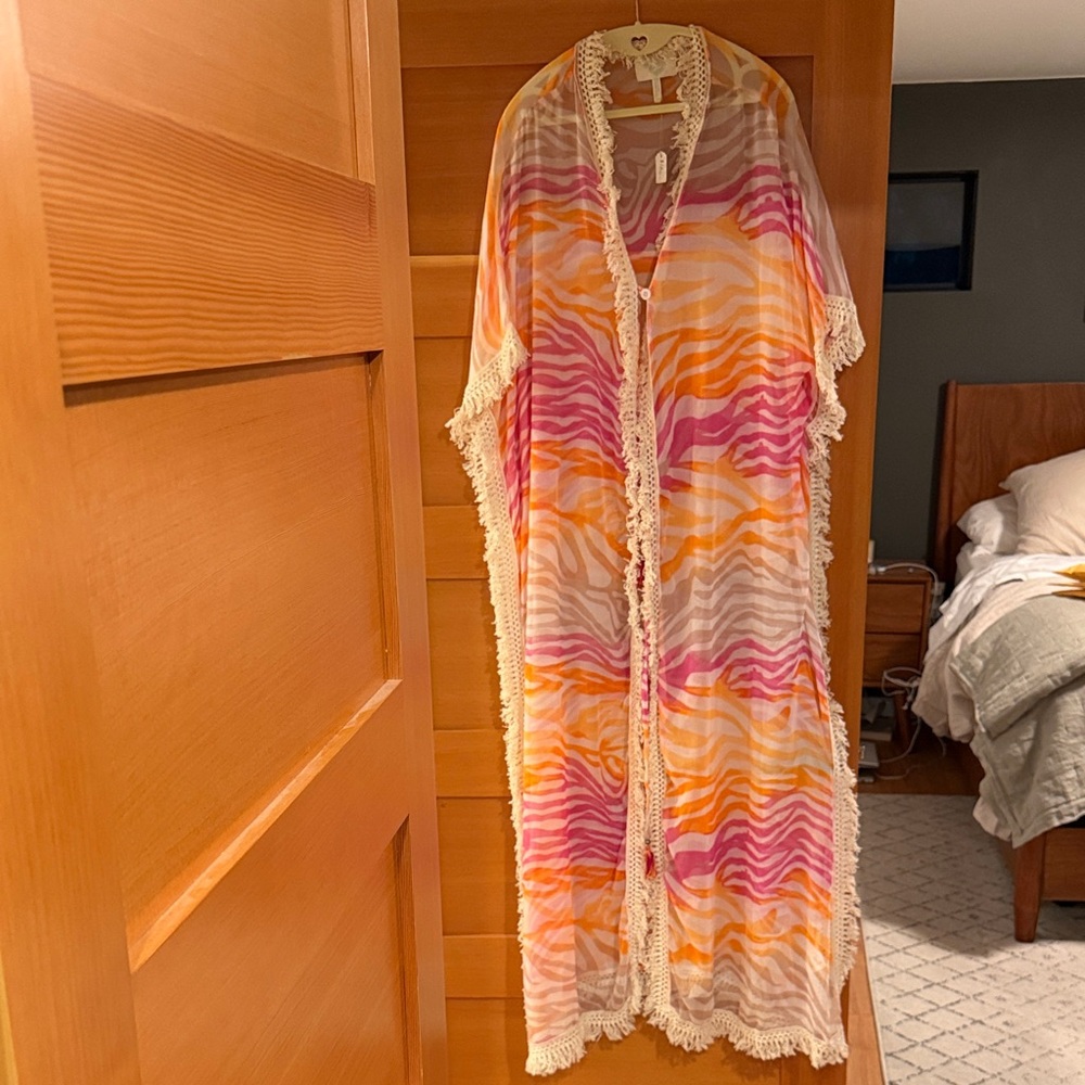 Z&L Orange Pink Cream Sheer Fringe Kimono